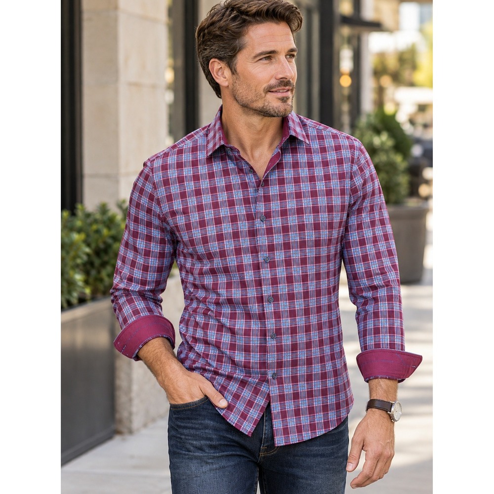 Bugatchi Shaped Fit Burgundy Blue Plaid 100% Cotton Mens Shirt